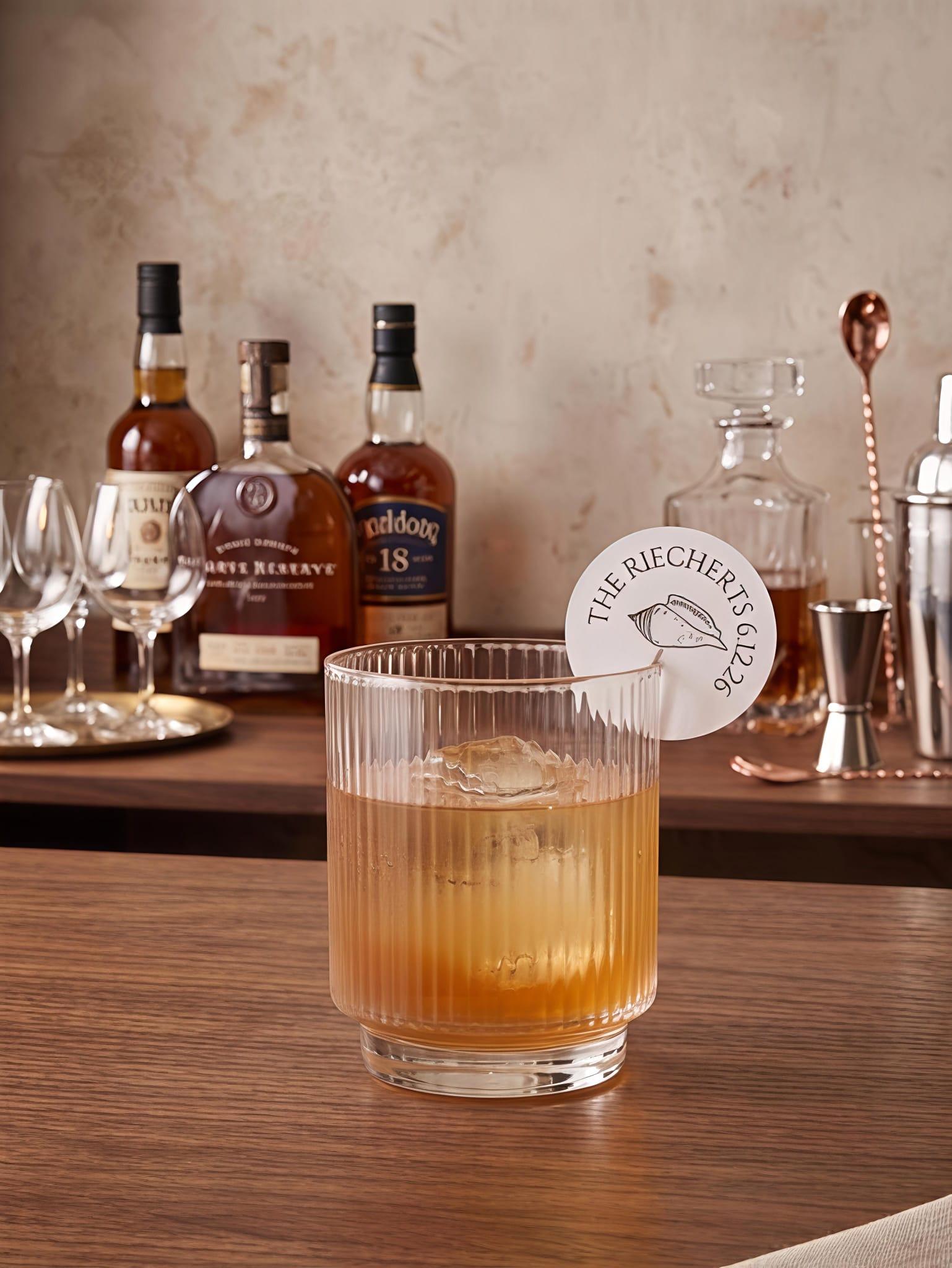 Dark rocks glass with THE RIECHERTS circular drink topper