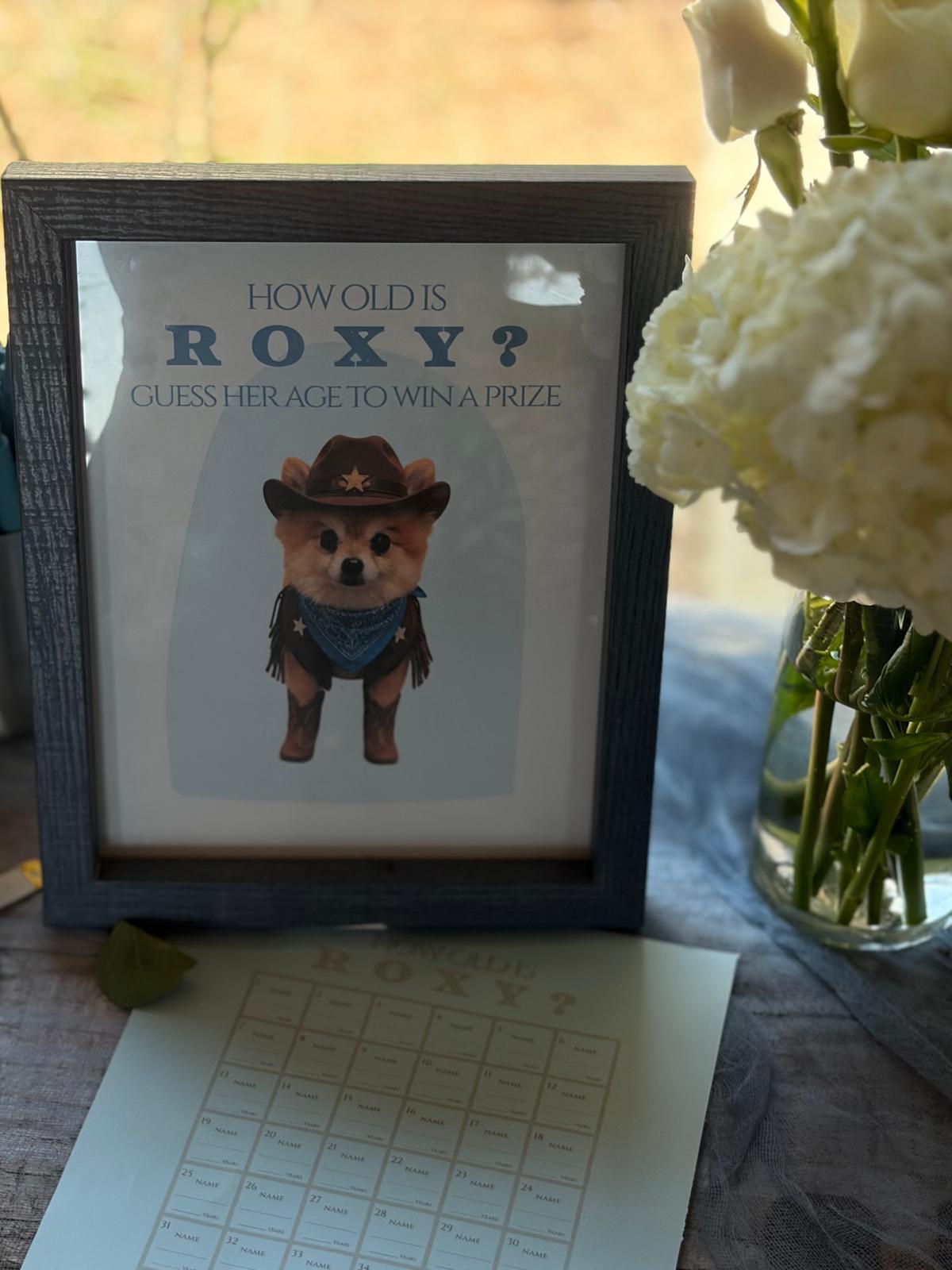 Framed sign inviting guests to guess a pet's age, next to the entry sheet